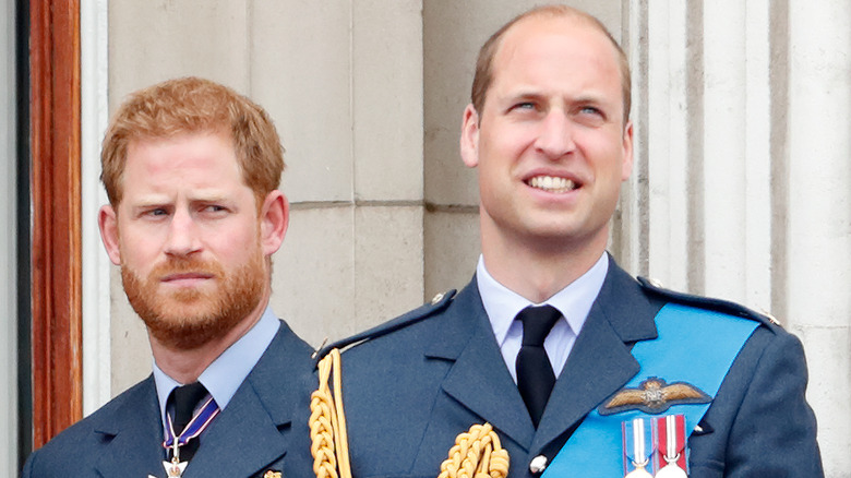 Prince Harry frowning behind Prince William 