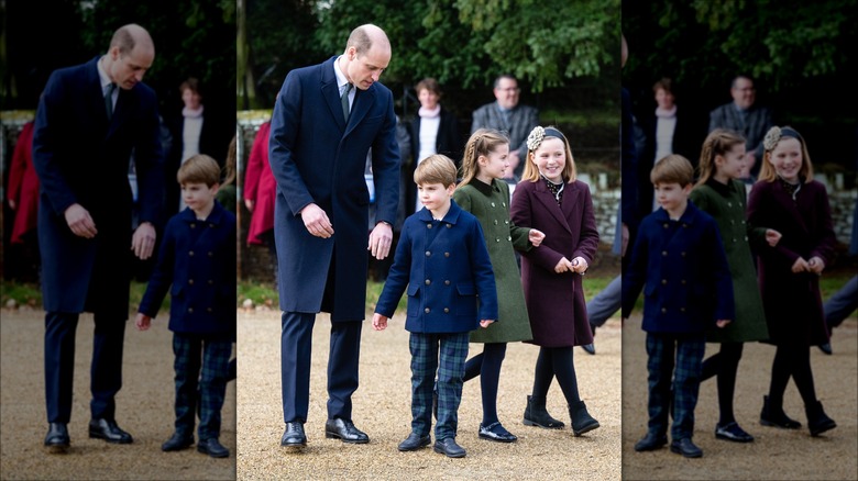 Prince William walking with kids kids and Mia Tindall