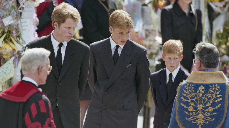 Charles Spencer at Diana's funeral with William and Harry