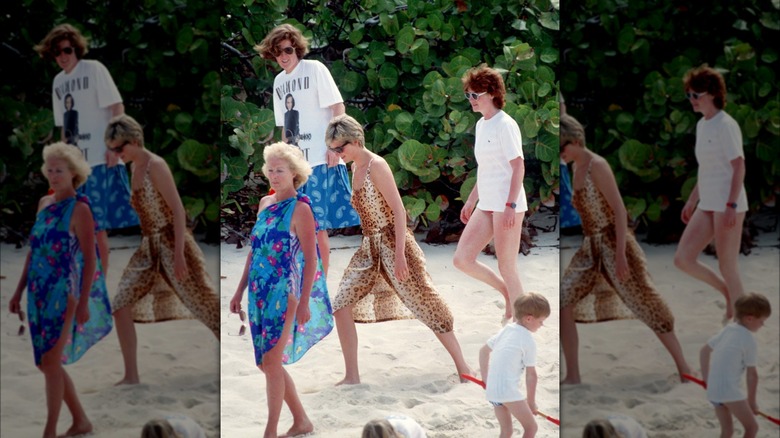 Princess Diana walking with her sisters on the beach