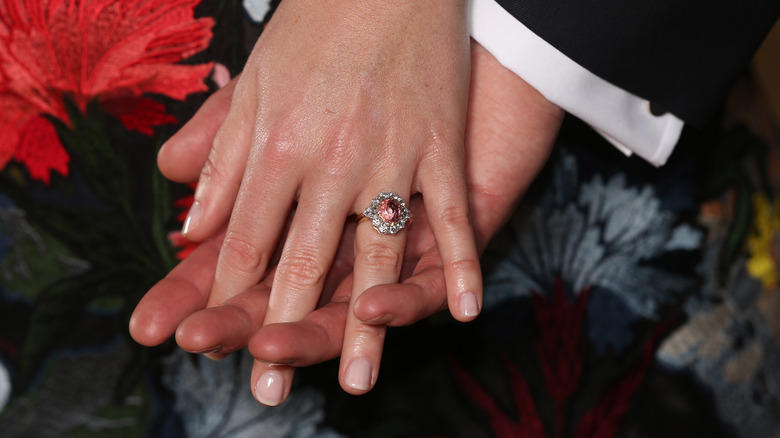 Close up of Princess Eugenie's engagement ring