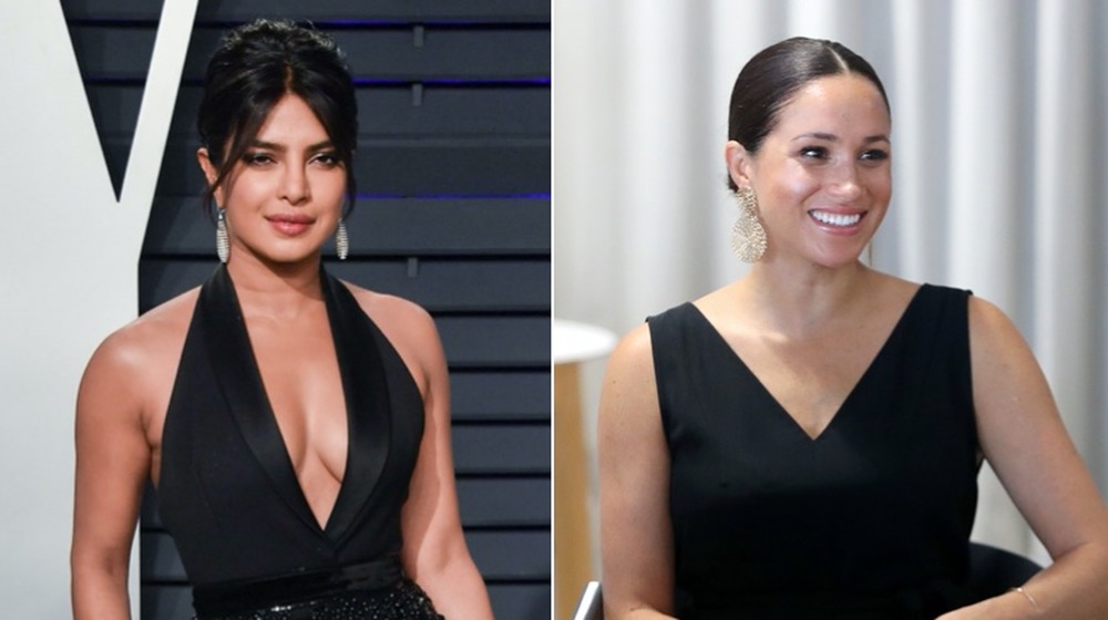 Priyanka Chopra and Meghan Markle in black dresses, split image