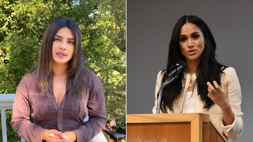 Priyanka Chopra and Meghan Markle speaking, split image