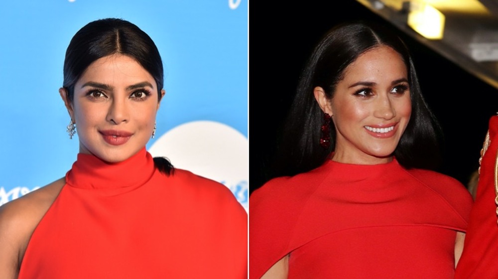 Priyanka Chopra and Meghan Markle in bold red blouses, split image