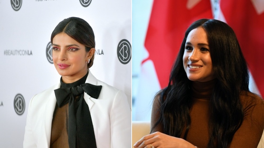 Priyanka Chopra and Meghan Markle looking away, split image