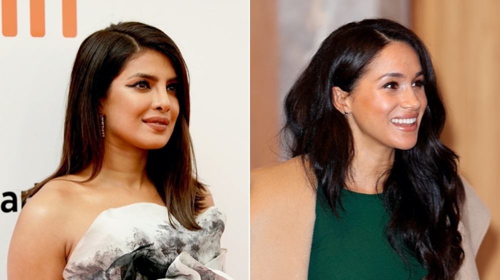 Priyanka Chopra and Meghan Markle looking to the side, split image