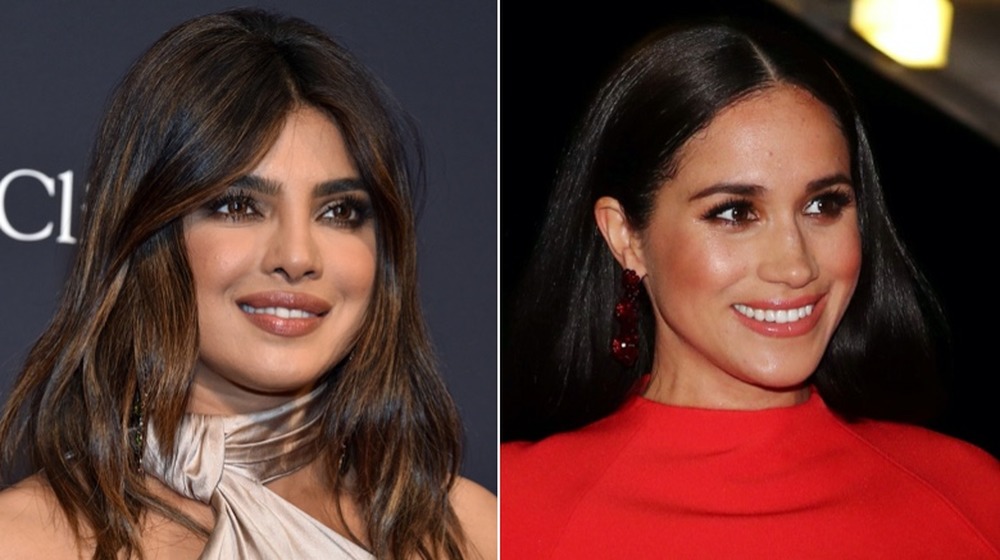 Priyanka Chopra and Meghan Markle smiling, split image