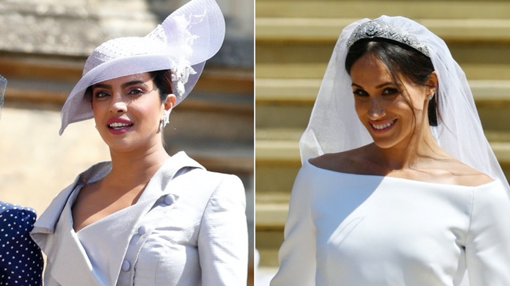 Priyanka Chopra and Meghan Markle at Markle's wedding, split image