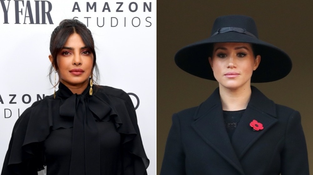 Priyanka Chopra and Meghan Markle wearing black, split image