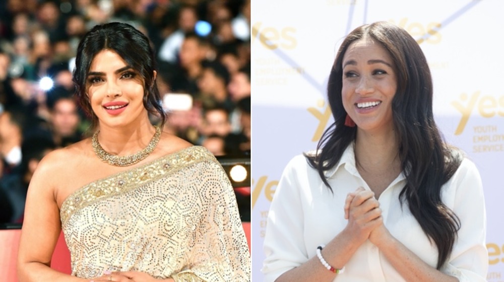 Priyanka Chopra and Meghan Markle wearing light colors, split image