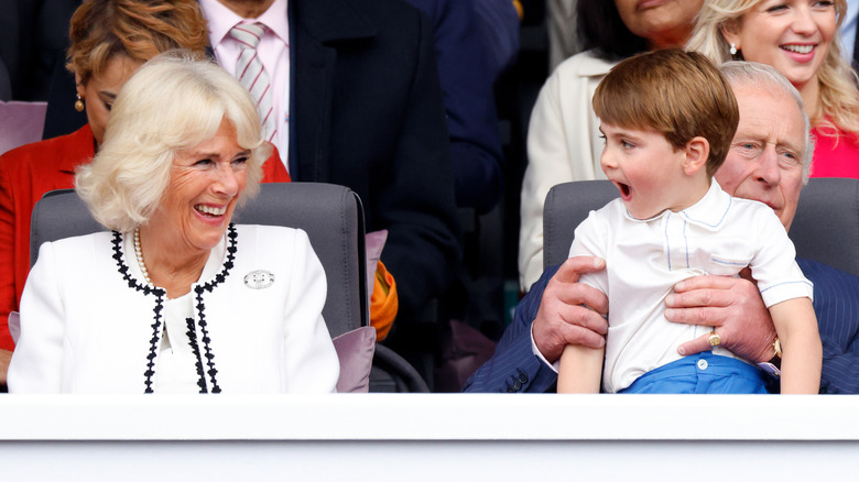 Queen Camilla laughing at Prince Louis making faces on King Charles' knee