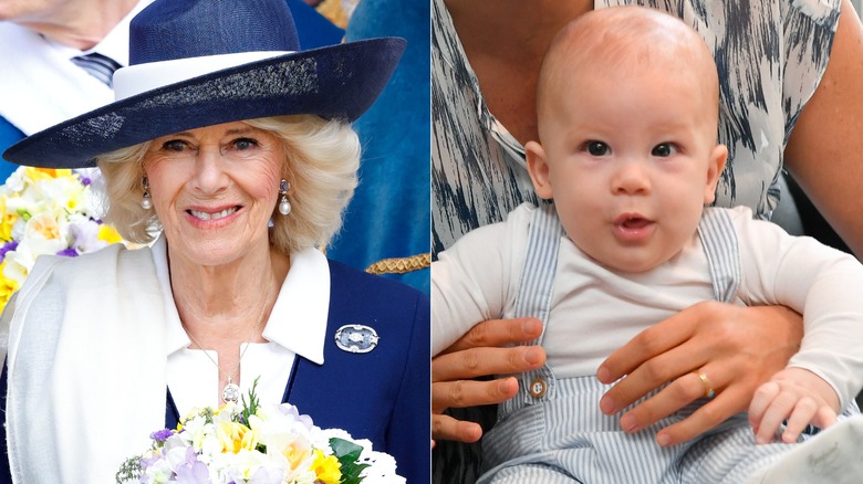 Split image of Queen Camilla and an infant Prince Archie