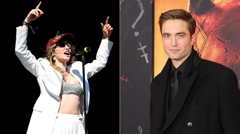 Suki Waterhouse on stage, split screen Robert Pattinson