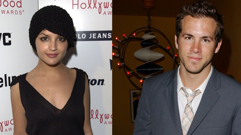 Split screen images of Ryan Reynolds and Rachael Leigh Cook posing