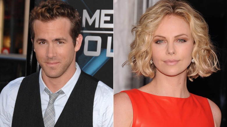 Split screen close ups of Charlize Theron and Ryan Reynolds