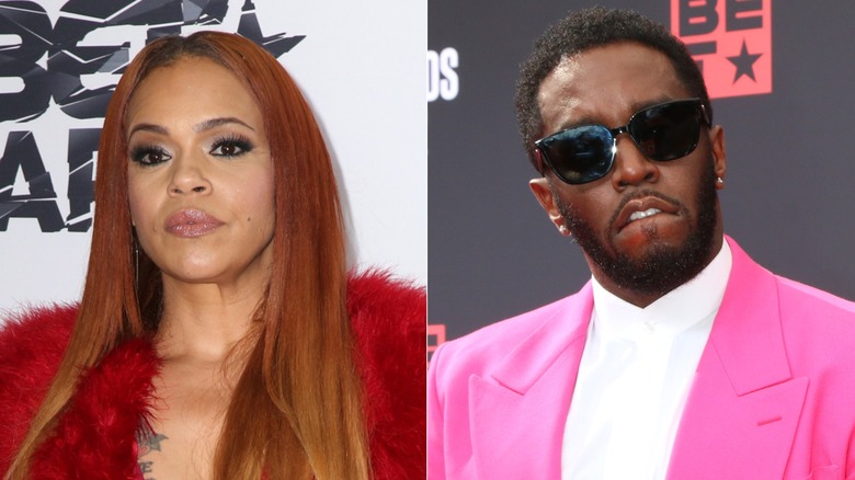 Faith Evans staring ahead & Sean Combs in sunglasses