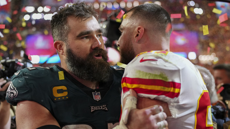 Jason Kelce and Travis Kelce hugging