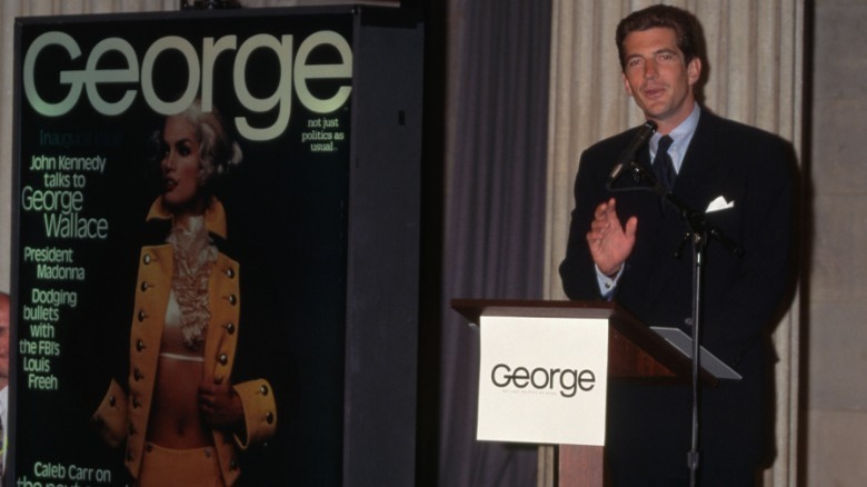 JFK Jr giving speech, big George Magazine cover