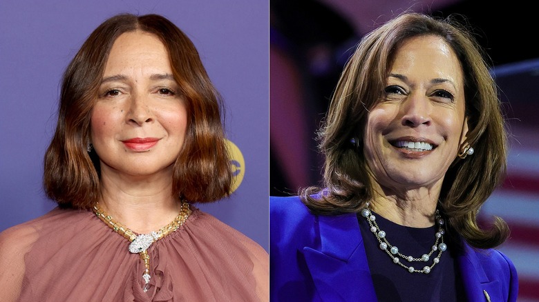 Side by side of Maya Rudolph at the Primetime Emmy Awards (2024) and Vice President Kamala Harris at a Las Vegas campaign rally (2024)