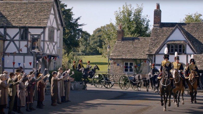 Downton Abbey filming a crowd scene in Lacock