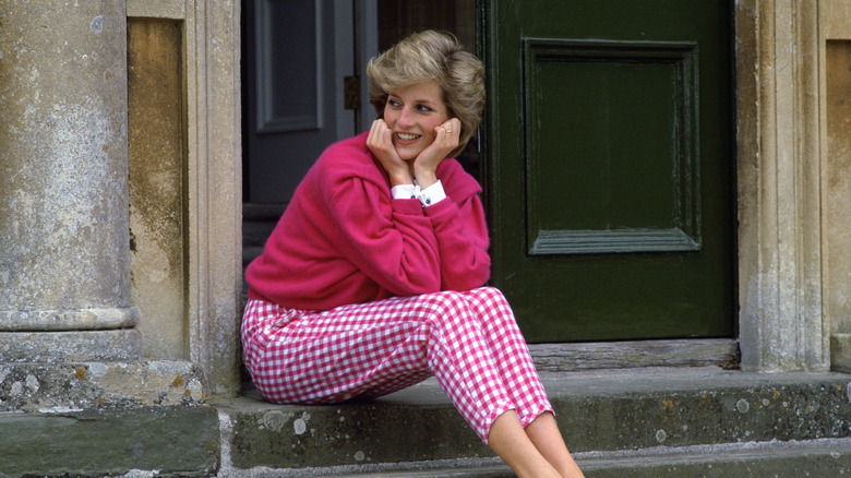 Diana sitting and posing, hands resting on chin 