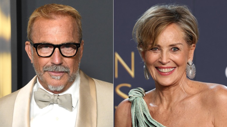 Kevin Costner smiling in glasses on the red carpet & Sharon Stone smiling on the red carpet