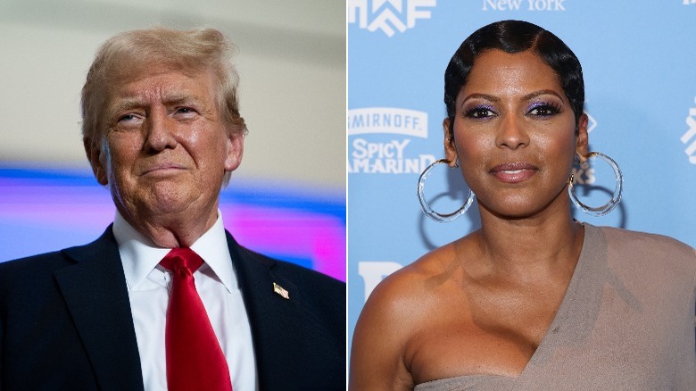 Split image of smug Donald Trump and smiling Tamron Hall