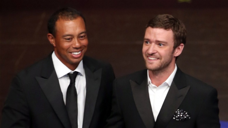 Tiger Woods and Justin Timberlake sporting tuxes