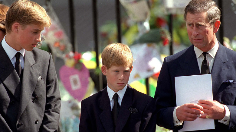 Prince William, Prince Harry, and Prince Charles stand side by side at Princess Diana's funeral