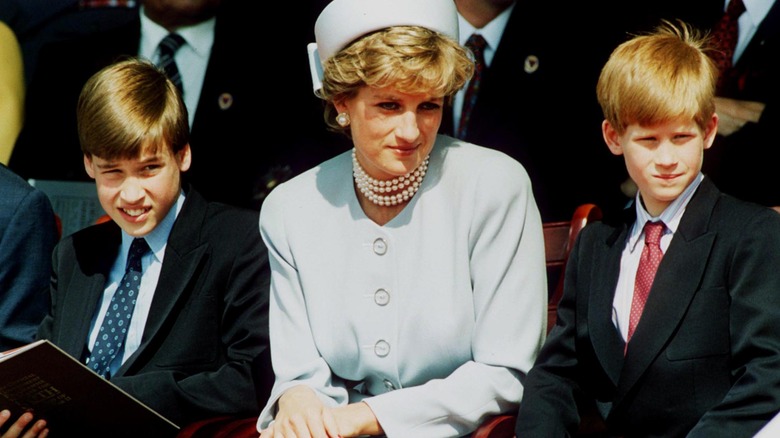 Young Prince William, Princess Diana, and Prince Harry sit together 