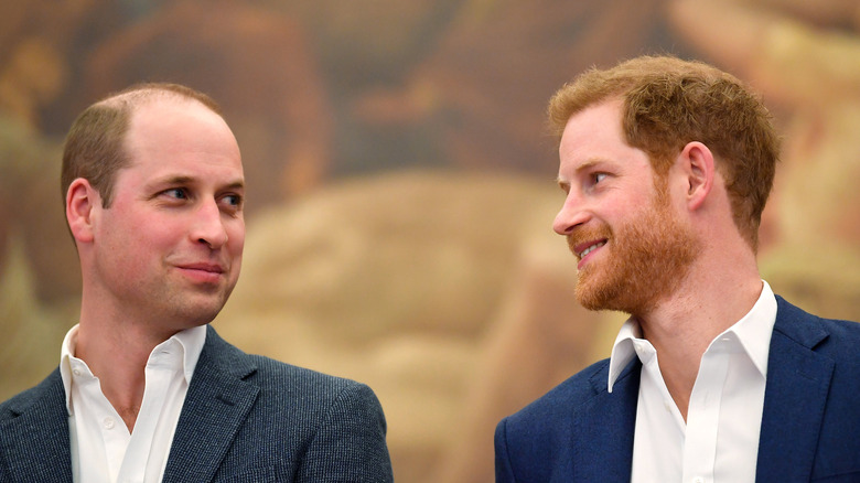 Prince William and Prince Harry standing and looking at each other