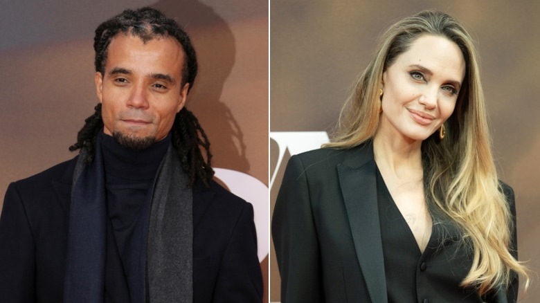 (L) Akala in a black turtleneck and scarf (R)  Angelina Jolie in a black suit