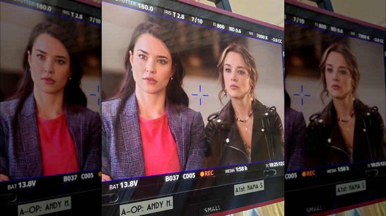 Behind-the-scenes photo of Rhiannon Fish and Hunter King in "Nikki & Nora: Sister Sleuths"