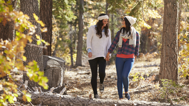 LGBTQIA+ couple holding hands, walking outside