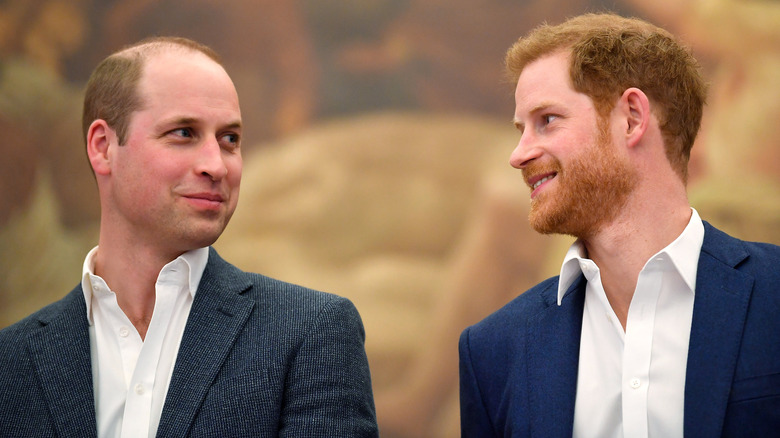 Prince William and Prince Harry smiling at each other