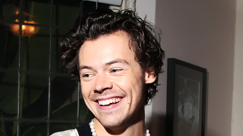 Harry Styles laughs at an event