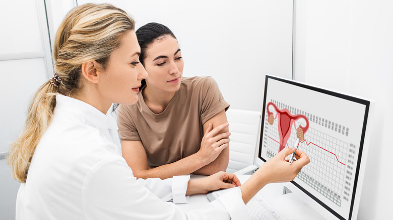 two women looking at the reproductive system