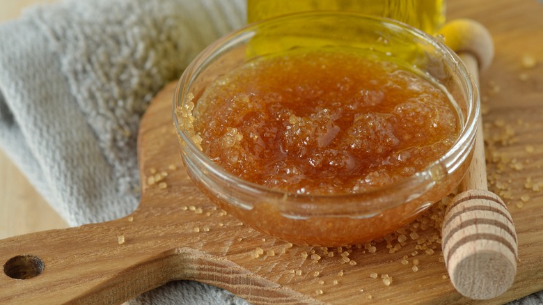 Homemade lip scrub with sugar and honey