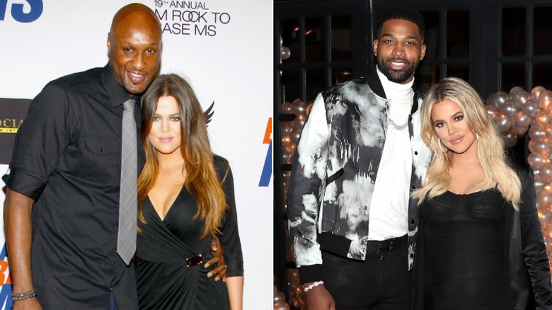 Khloe Kardashian with Lamar Odom (left) and Tristan Thompson (right)