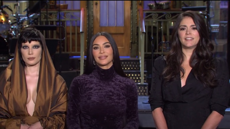 Kim Kardashian, Halsey, and Cecily Strong on "SNL" stage
