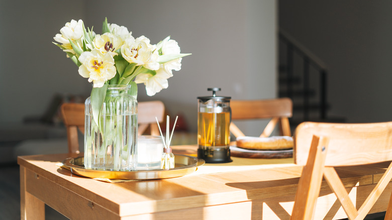 bouquet of flowers on kitchen table