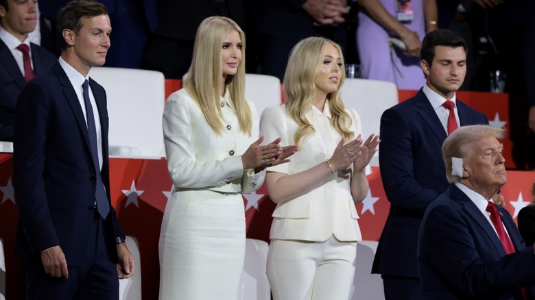 Jared Kushner, Ivanka Trump, Tiffany Trump, Michael Boulos, Donald Trump standing, clapping