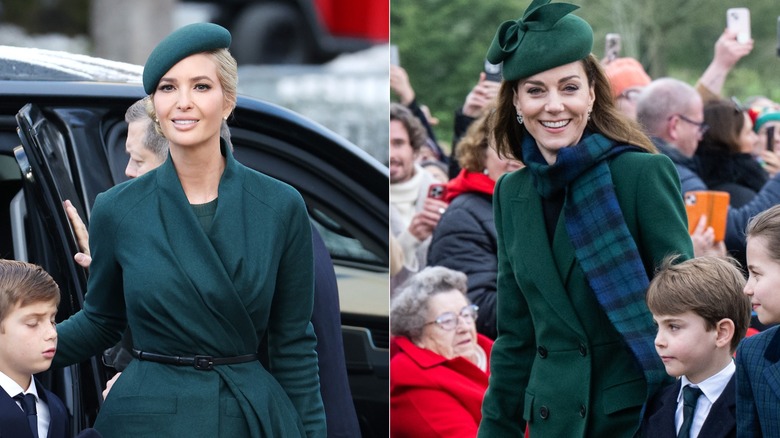 Split image of Ivanka Trump and Kate Middleton wearing similar green outfits