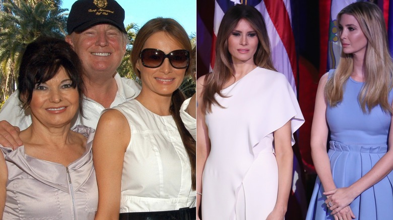 Left: Amalija Knavs, Donald and Melania Trump smile side by side, Right: Melania and Ivanka stand side by side, looking separate directions