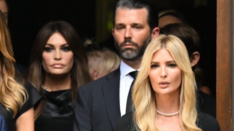 Kimberly Guilfoyle, Donald Trump Jr., and Ivanka Trump exit the funeral of Ivana Trump in New York City (2022)