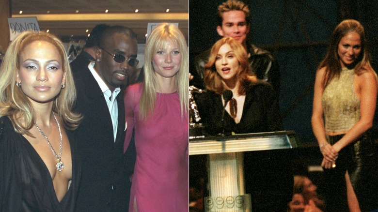 A side by side of Jennifer Lopez, Sean "Diddy Combs" and Gwyneth Paltrow along with Madonna