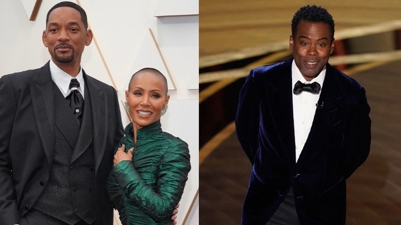 Side by side picture of Will and Jada Pinkett Smith on the left and Chris Rock on the right