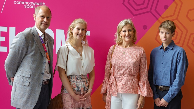 Prince Edward, Lady Louise, Sophie, and James posing