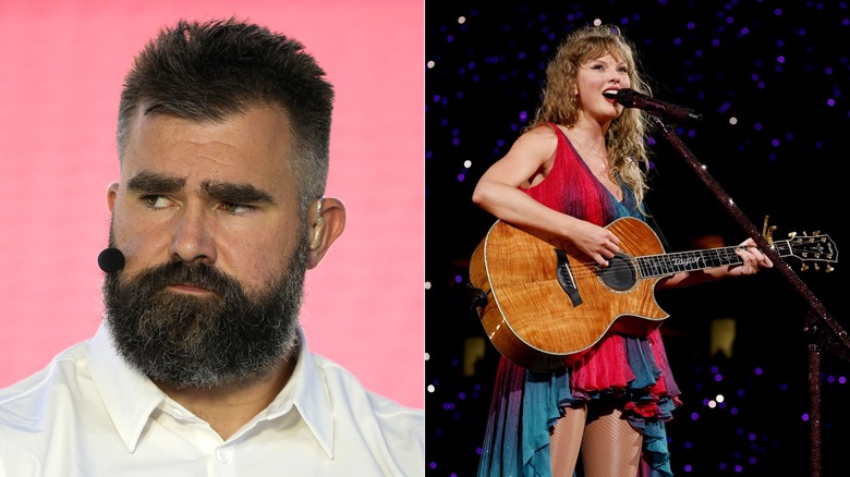 Split image of Travis Kelce and Taylor Swift performing with a guitar on stage