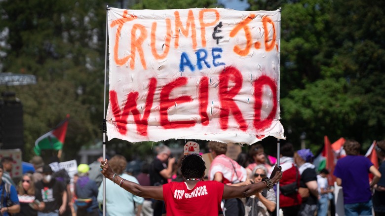 "Trump & JD are weird" sign at rally